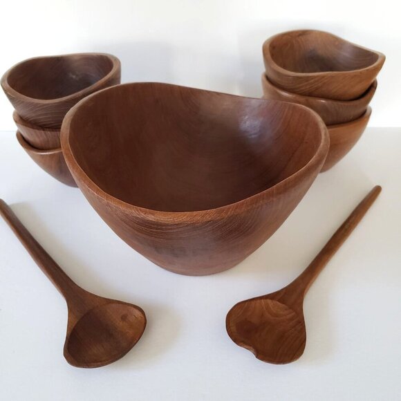 Vtg 60's Dolphin R.H. Macy & Co Thai Teakwood Salad Bowl Set 6 Bowls & Servers - Picture 1 of 15